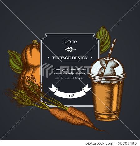 Dark badge design with carrot, basil, pumpkin, smoothie cup Dark badge design with carrot, basil, pumpkin, smoothie cup 59709499