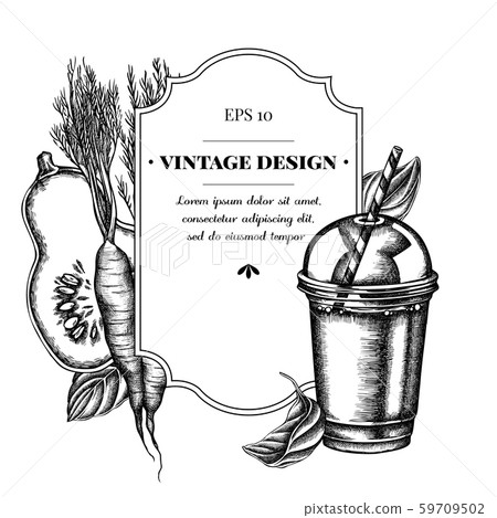 Badge design with black and white carrot, basil, pumpkin, smoothie cup Badge design with black and white carrot, basil, pumpkin, smoothie cup 59709502