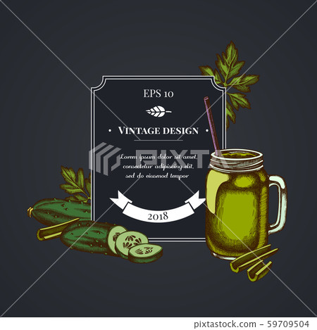 Dark badge design with greenery, smothie jars, cucumber, celery Dark badge design with greenery, smothie jars, cucumber, celery 59709504