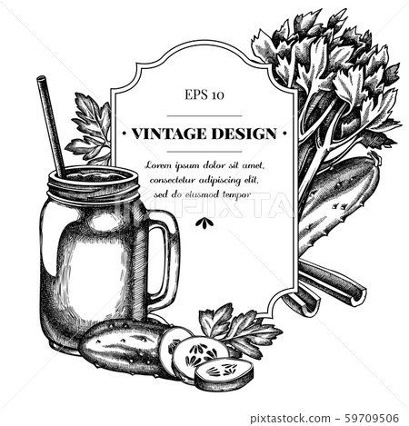 Badge design with black and white greenery, smothie jars, cucumber, celery Badge design with black and white greenery, smothie jars, cucumber, celery 59709506