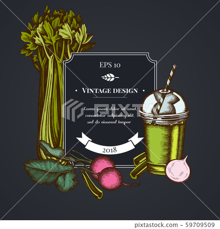 Dark badge design with beet, smoothie cup, celery Dark badge design with beet, smoothie cup, celery 59709509