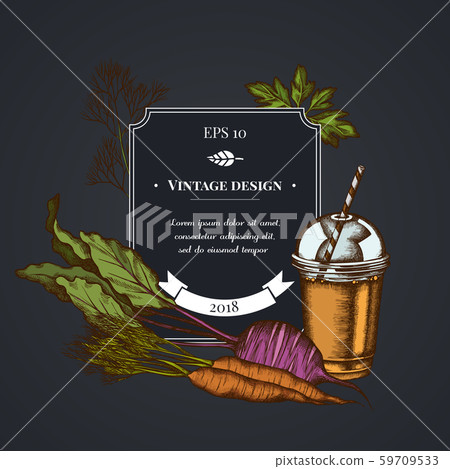 Dark badge design with beet, greenery, carrot, smoothie cup 59709533