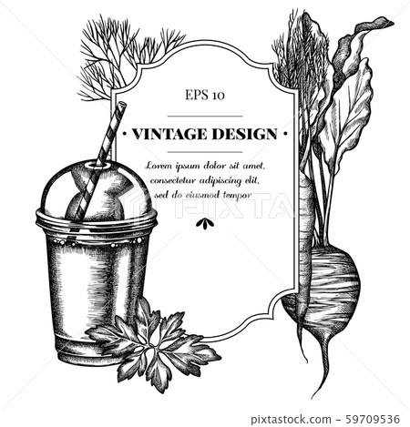 Badge design with black and white beet, greenery, carrot, smoothie cup 59709536