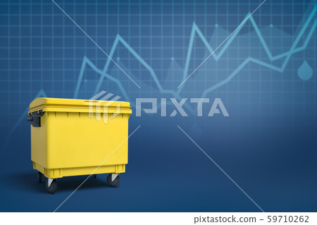 3d rendering of closed yellow trash can against blue background with line graphs and copy space. 3d rendering of closed yellow trash can against blue background with line graphs and copy space. 59710262