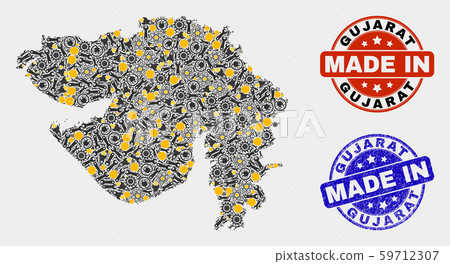 Mosaic Gujarat State Map of Production Elements and Made In Grunge Seal 59712307