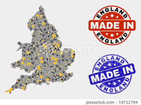 Mosaic England Map of Production Elements and Made In Grunge Stamp 59712794