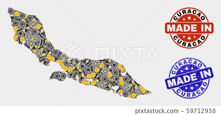 Mosaic Curacao Island Map of Industrial Elements and Made In Grunge Seal 59712938