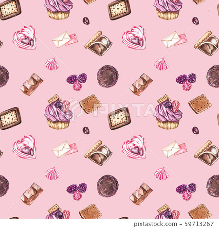 Watercolor image of a seamless pattern of sweets, candies in the shape of hearts, chocolates, cakes Watercolor image of a seamless pattern of sweets, candies in the shape of hearts, chocolates, cakes 59713267
