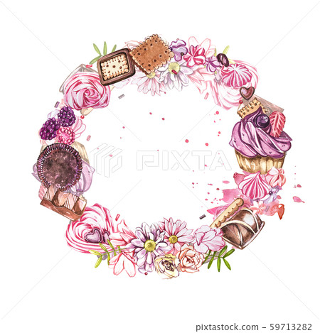 Watercolor image of a wreath of sweets, candies in the shape of hearts, chocolates, cakes and 59713282