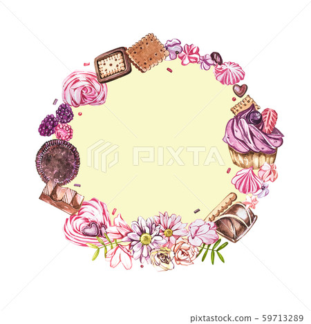 Watercolor image of a wreath of sweets, candies in the shape of hearts, chocolates, cakes and 59713289