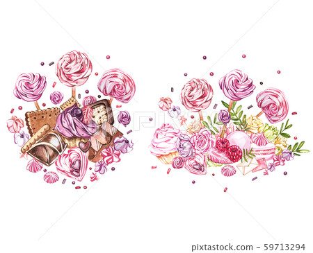 Watercolor sweets collection. Watercolor image of a compositions of sweets, cakes and envelope 59713294