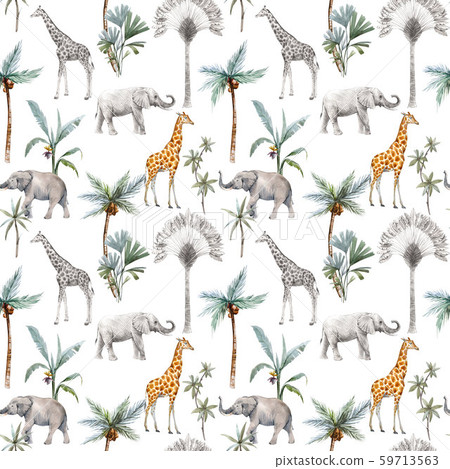 Watercolor seamless patterns with safari animals and palm trees. Elephant giraffe. Watercolor seamless patterns with safari animals and palm trees. Elephant giraffe. 59713563