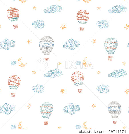 Watercolor vector seamless pattern with air baloons, sky, clouds, stars, in cute baby stitch 59713574