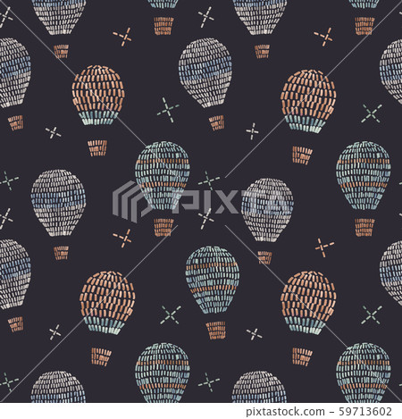 Watercolor vector seamless pattern with air baloons, sky, clouds, stars, in cute baby stitch 59713602