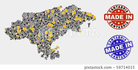 Mosaic Cantabria Province Map of Industrial Items and Made In Grunge Seal 59714015