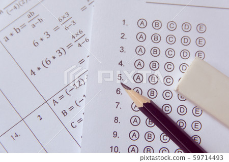 Pencil and eraser on answer sheets or Standardized Pencil and eraser on answer sheets or Standardized 59714493
