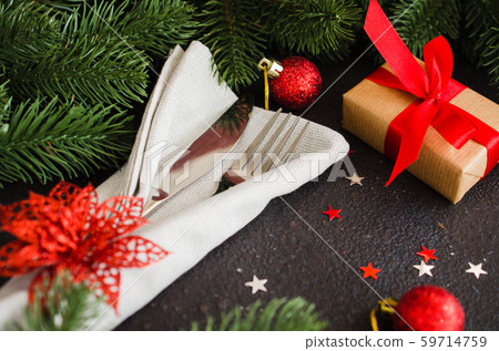 Christmas table setting. Winter background for writing the Christmas or New Year Menu. Christmas table setting. Winter background for writing the Christmas or New Year Menu. 59714759