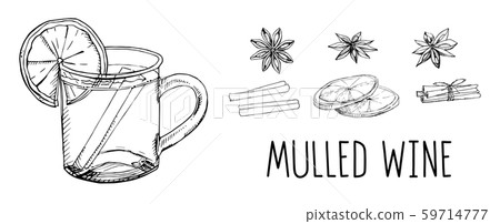 Set of hand drawn vector elements isolated on white. Mulled wine with spices and citrus fruit 59714777