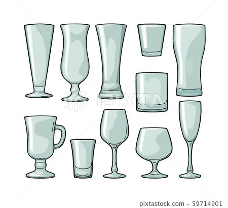 Set drink alcohol glass for beer, whiskey, wine, tequila, cognac,  champagne, brandy, cocktails, liquor. Vector illustration isolated on white  background., Stock vector