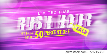 Rush hour sale 50 percent off promotion website banner heading design on graphic purple background vector for banner or poster. Sale and Discounts Concept. Rush hour sale 50 percent off promotion website banner heading design on graphic purple background vector for banner or poster. Sale and Discounts Concept. 59715336