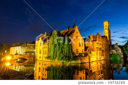 Belgium, Brugge, night cityscape, panoramic view 59716288