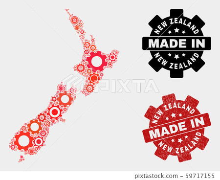 Mosaic New Zealand Map of Gearwheel Items and Grunge Seal 59717155