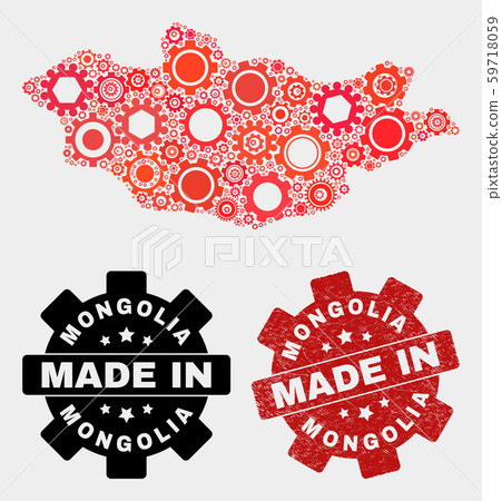 Mosaic Mongolia Map of Cog Elements and Grunge Stamp Mosaic Mongolia Map of Cog Elements and Grunge Stamp 59718059
