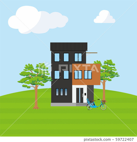 Single-family house, single-family house on a hilltop, blue sky background (two stories) _My Home, Wooden House_Vector Data Single-family house, single-family house on a hilltop, blue sky background (two stories) _My Home, Wooden House_Vector Data 59722407