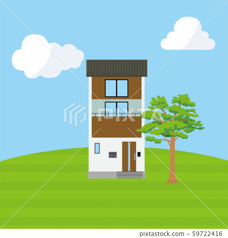 單戶住宅，山頂上的單戶住宅，藍天背景（兩個故事）_我的家，木製房屋_矢量數據 59722416
