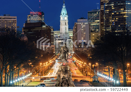 Scene of George Washington statue oand street in Philadelphia over the city hall with cityscape background at the twilight time, United States of America or USA, history and culture for travel concept 59722449