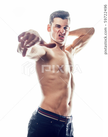 young handsome naked torso man boxing on white background isolated, lifestyle sport agressive people 59722496