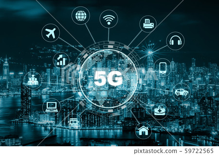 5G technology with earth dot in center of various icon internet of thing over the Aerial View of Hong Kong Cityscape, Wireless communication connection network concept. 59722565