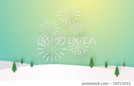 Christmas landscape with brightly fireworks, Christmas concept, Paper cut 59723032