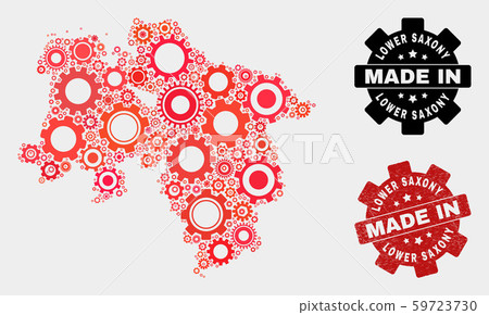Mosaic Lower Saxony Land Map of Gearwheel Items and Grunge Stamp 59723730