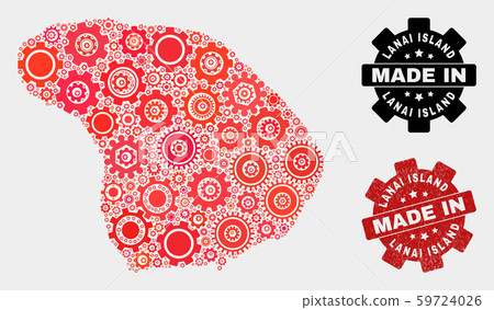 Mosaic Lanai Island Map of Gearwheel Elements and Grunge Stamp 59724026