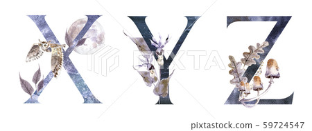 Watercolor Hand Drawn tropic letters monograms or logo. Uppercase G, H, I, with jungle herbal Watercolor Hand Drawn tropic letters monograms or logo. Uppercase G, H, I, with jungle herbal 59724547