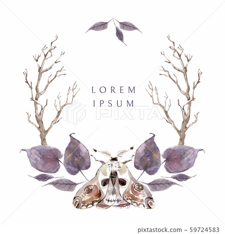 Watercolor mystical frame with moth, branches and leaves. Brown and violet wreath 59724583