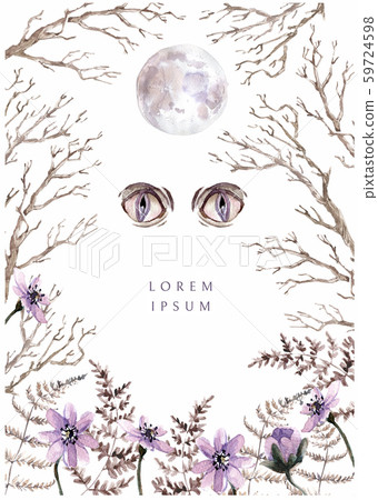 Watercolor mystical frame with flowers, branches, herbs, creepy eyes and full moon. 59724598
