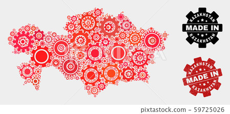 Mosaic Kazakhstan Map of Cogwheel Elements and Grunge Stamp 59725026