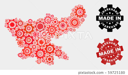 Mosaic Jharkhand State Map of Cogwheel Items and Grunge Seal 59725180