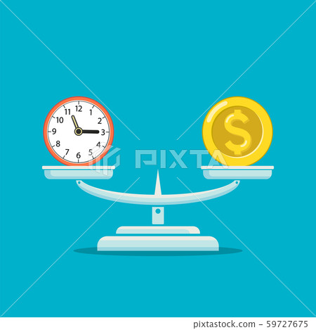 Icon money coin and clock balance on the scales. Icon money coin and clock balance on the scales. 59727675
