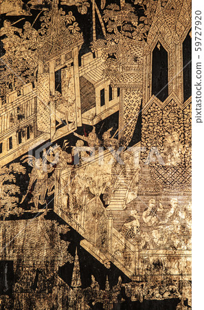 Thailand Buddhism gold mural painting at Bangkok National Museum Thailand Buddhism gold mural painting at Bangkok National Museum 59727920