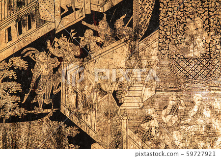 Thailand Buddhism gold mural painting at Bangkok National Museum 59727921