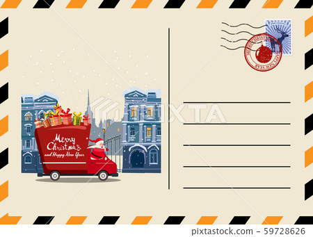 Christmas and New Year Postcard with stamps and mark. Van flies through the night sky above the Christmas and New Year Postcard with stamps and mark. Van flies through the night sky above the 59728626