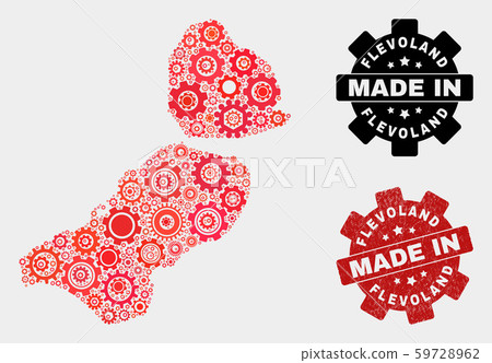 Mosaic Flevoland Province Map of Cogwheel Items and Grunge Seal 59728962