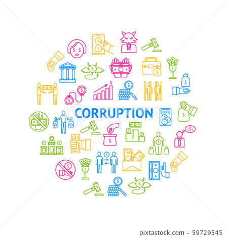 Corruption and Dishonesty Signs Thin Line Round Design Template Ad. Vector 59729545