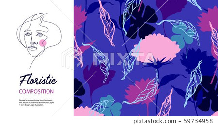 Female profile drawn in one line. Silhouettes of flowers. Horizontal banner. Female profile drawn in one line. Silhouettes of flowers. Horizontal banner. 59734958