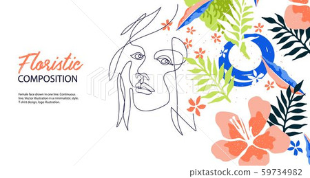 Female profile drawn in one line. Silhouettes of flowers. Horizontal banner. Female profile drawn in one line. Silhouettes of flowers. Horizontal banner. 59734982