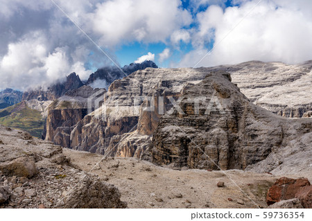 The Sass Pordoi is a relief of the Dolomites, in the Sella group, Italy The Sass Pordoi is a relief of the Dolomites, in the Sella group, Italy 59736354