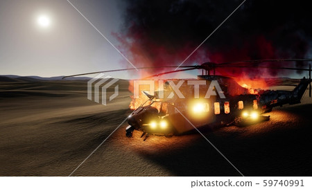 burned military helicopter in the desert at sunset burned military helicopter in the desert at sunset 59740991